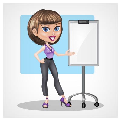 وکتور شخصیت کارتونی دختر جوان در حال نمایش مطلب روی برد (Businesswoman vector character)