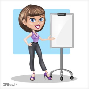 وکتور شخصیت کارتونی دختر جوان در حال نمایش مطلب روی برد (Businesswoman vector character)