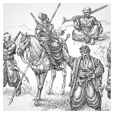 دانلود عکس رایگان و قدیمی نقاشی شده سیاه قلم با طرح مردان مسلح چینی