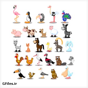 وکتور لایه باز مجموعه حیوانات کارتونی (Set Of Cute Cartoon Animals And Birds Stock Vector)