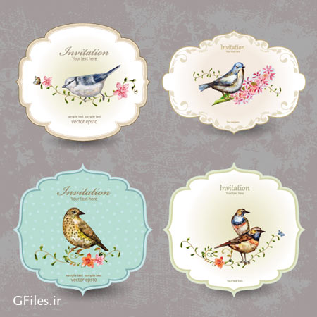 کارت های لایه باز دعوت وکتوری با طرح پرندگان (Vintage Invitation Cards With Birds Vector)