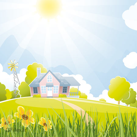 فایل لایه باز وکتور کارتونی منظره زیبای روستایی سرسبز (Beautiful Natural Scenery And Sun Vector)