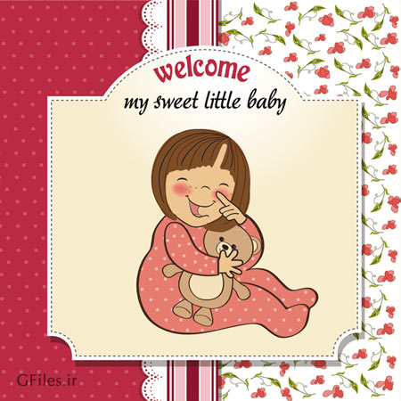 کارت و بنر کارتونی دختر کوچولو و عروسک خرسی (Cartoon Baby Card Vector)