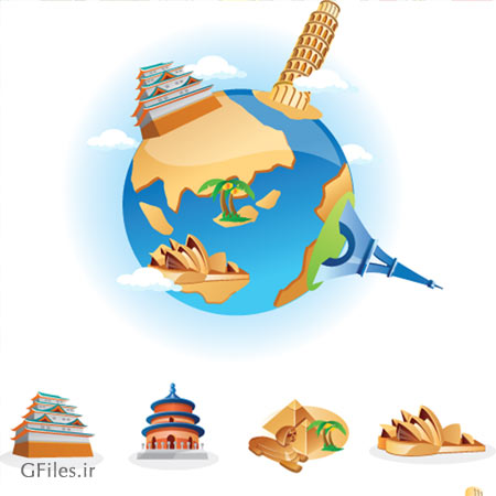 وکتور مجموعه ساختمان و آثار باستانی معروف جهان (Cartoon Famous Building vector)