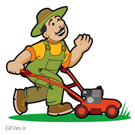 وکتور شخصیت کارتونی باغبان و ماشین چمن زنی بصورت لایه باز (Cartoon personage Illustration)