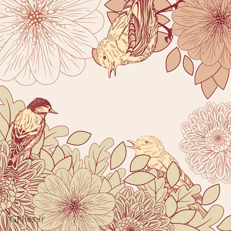 بکگراند لایه باز وکتوری پرنده و گل های خطی زیبا (pink birdie pattern vector background)