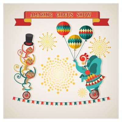 تصویر وکتوری نمایش سیرک حیوانات با سبک طراحی فلت (Amazing circus show vector illustration)