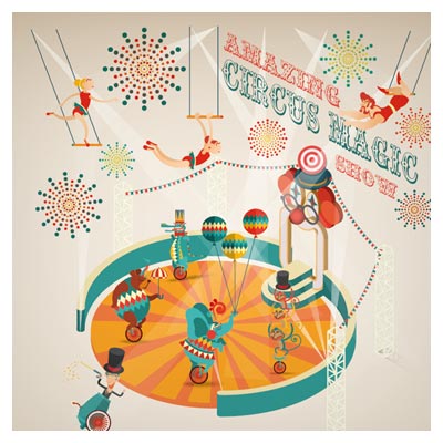 وکتور نمایش صحنه سیرک بصورت کارتونی و طراحی فلت (Amazing circus show vector illustration)