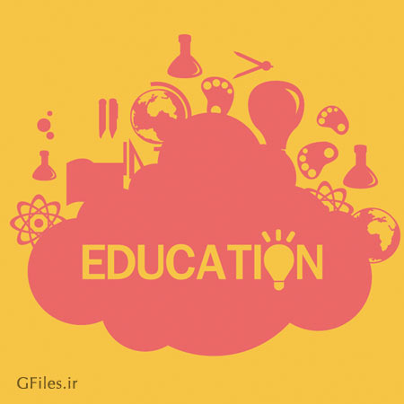 وکتور تحصیلات و المان های لایه باز علمی (Education elements in pink and yellow Vector)