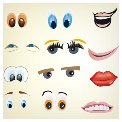 وکتور مجموعه متنوع لب ، دندان و چشم کارتونی (Eyes and mouths elements Vector)
