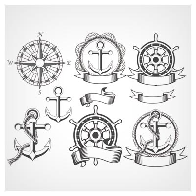 وکتور مجموعه نشان ، فرمان و لنگر کشتی (Nautical emblems with anchor Vector Image)