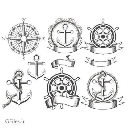 وکتور مجموعه نشان ، فرمان و لنگر کشتی (Nautical emblems with anchor Vector Image)