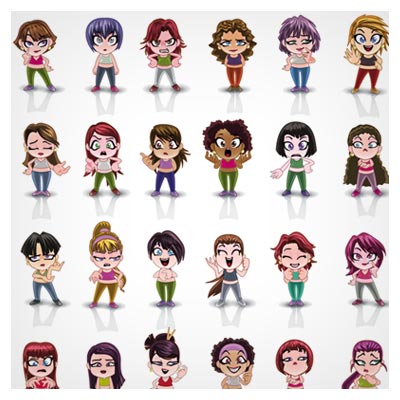 وکتور مجموعه آواتار و کاراکتر کارتونی دختر و زن در حالات مختلف (Vector Manga Woman Avatar Faces)
