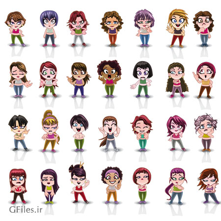 وکتور مجموعه آواتار و کاراکتر کارتونی دختر و زن در حالات مختلف (Vector Manga Woman Avatar Faces)