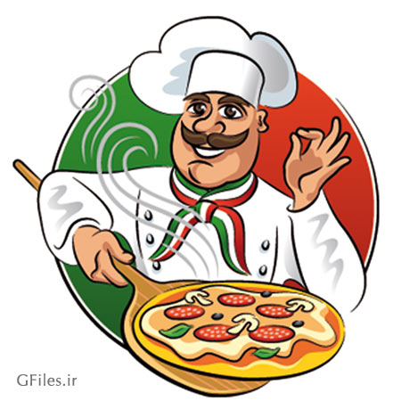 وکتور کاراکتر آشپزباشی (پختن پیتزا)(Funny Chef With Pizza Vector Material)