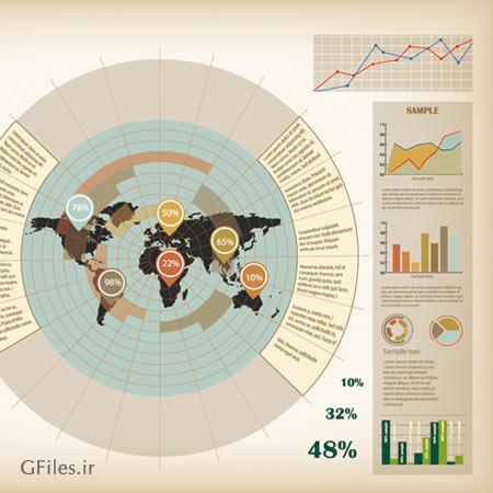 فایل وکتور اینفوگرافی نقشه جهان و نمایش آمار (Demographic Infographic Vector)