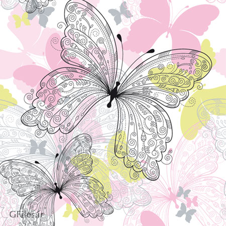 وکتور پس زمینه پترن با طرح پروانه های خطی (Floral and butterfly Pattern Free vector)