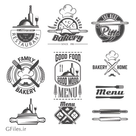 وکتور خطی مجموعه لوگو و سمبل پخت و پز و رستوران (Vintage bakery labels creative vector set)