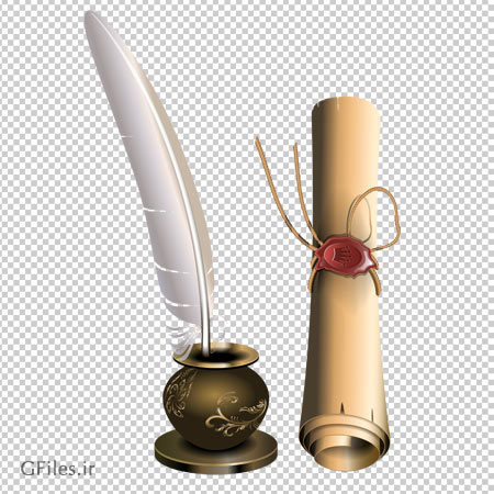 کلیپ آرت کارتونی و فایل دوربری شده دوات و کاغذ رول شده (لوله شده)(Scroll and Inkwell PNG Clipart Image)