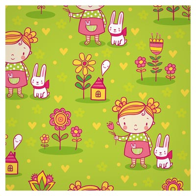 پترن و پس زمینه کودکانه دختر و خرگوش ، بصورت لایه باز وکتور (Free Cute playful card templates)