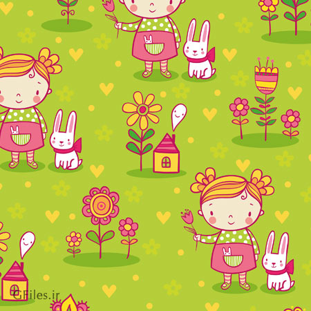 پترن و پس زمینه کودکانه دختر و خرگوش ، بصورت لایه باز وکتور (Free Cute playful card templates)