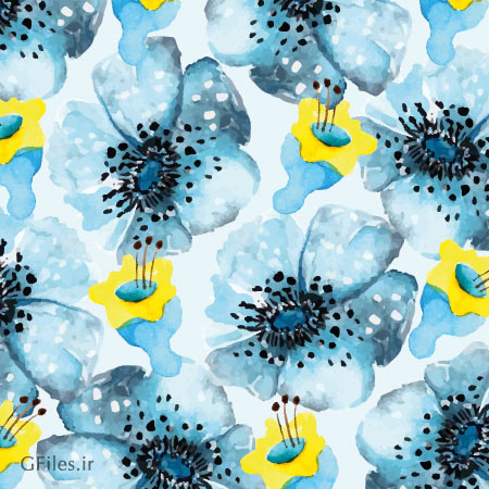 پترن زیبای مجموعه گل های آبرنگی آبی بصورت لایه باز (Blue Watercolor Flowers Pattern Seamless Vector)