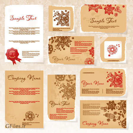 مجموعه کارت ویزیت با طرح کاغذی و گل و بوته بصورت لایه باز (Business Cards With Flowers)