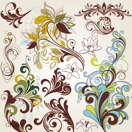 وکتور مجموعه گل و طرح های Floral با فرمت وکتور لایه باز (Set Of Floral Elements for Design)
