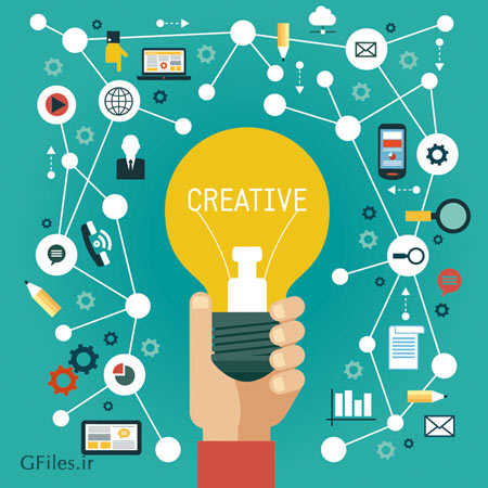 طرح بنر لایه باز فلت با موضوع مارکتینگ ، خلاقیت و روش های مختلف ایجاد خلاقیت (Digital Marketing Clip Art)