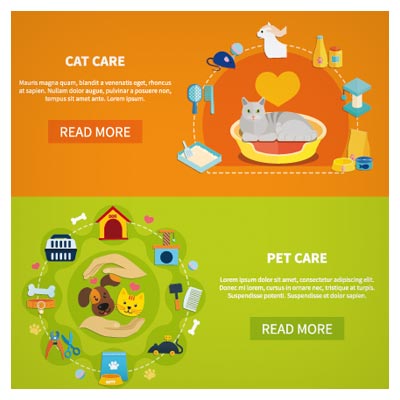 وکتور بنر لایه باز با موضوع مراقبت از سگ و گربه (Pet and dog care banner)