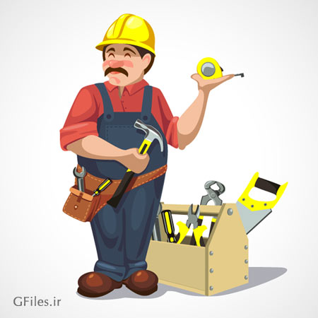 وکتور کاراکتر کارتونی مرد تعمیرکار در کنار جعبه ابزار
