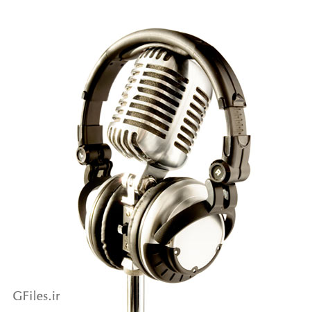 عکس یک میکروفون و هدفون پیشرفته نقره ای رنگ