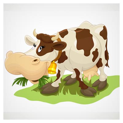 دانلود فایل شخصیت کارتونی وکتور علف خوردن گاو شیرده سفید و قهوه ای با دو فرمت ai و eps