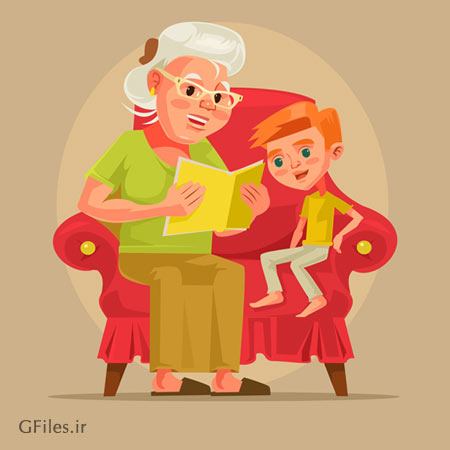 دانلود طرح لایه باز کاراکتر و شخصیت کارتونی کتاب خواندن مادربزرگ برای نوه قابل اجرا در کلیه نرم افزارهای گرافیکی